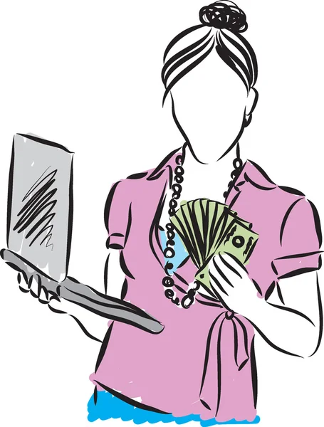 Femme gagnant de l'argent avec ordinateur portable — Image vectorielle