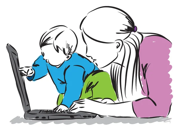 Bambino e mamma al computer portatile illustrazione — Vettoriale Stock