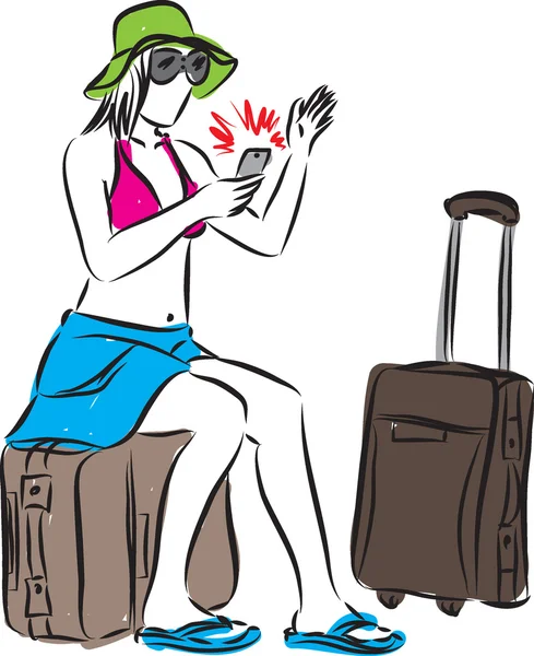 Donna turista attesa volo ritardo illustrazione — Vettoriale Stock