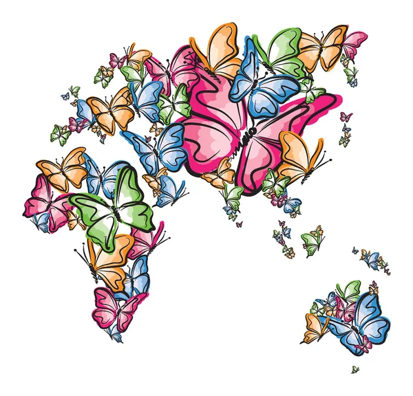欧洲亚洲非洲和澳大利亚世界地图轮廓由蝴蝶图 — 图库矢量图片