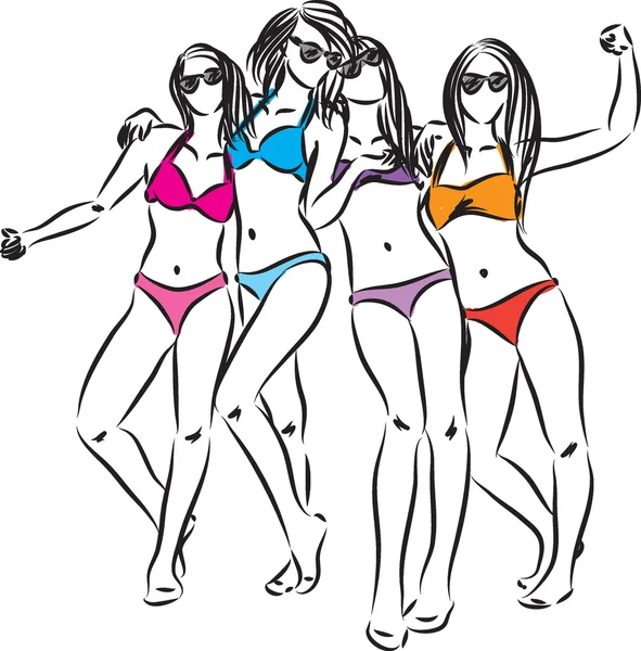 Gruppo di ragazze in spiaggia illustrazione — Vettoriale Stock