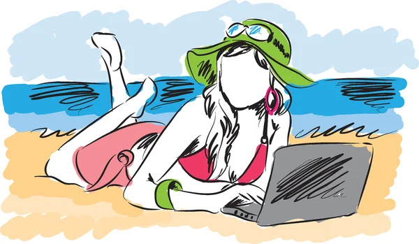 Plaj illüstrasyon laptop ile kız — Stok Vektör