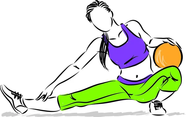 Frau Fitness Stretching Mit Übungsball Vektor Illustration — Stockvektor