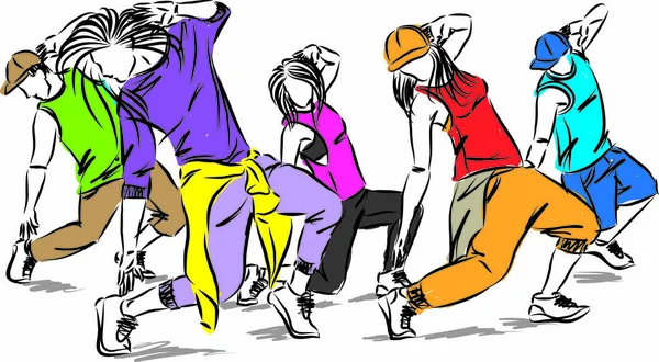 Hip Hop Χορευτές Ομάδα Απεικόνιση Διάνυσμα Στάση — Διανυσματικό Αρχείο