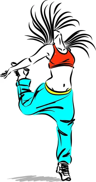 女性ダンサーヒップホップダイナミック表現ベクトルイラスト — ストックベクタ