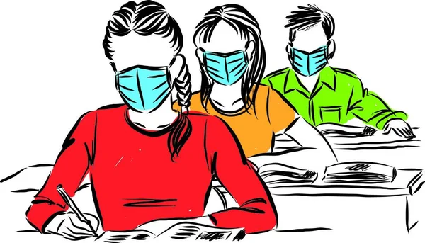 Volver Escuela Concepto Estudiantes Clase Con Máscaras Pandemia Vector Ilustración — Vector de stock