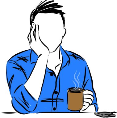 man drinking cup of coffee thinking and with cell phone vector illustration clipart