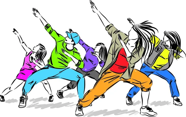 团体舞蹈家现代嘻哈时尚男男女女矢量插图 — 图库矢量图片