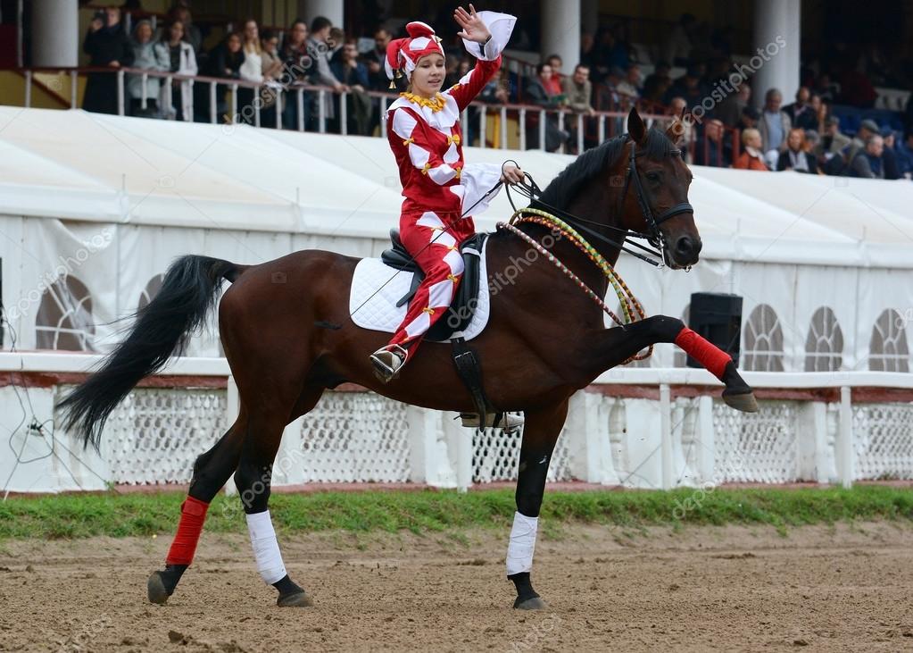 Lustige Reiter &quot;Harlekin&quot; und Sport Pferd zeigt &quot;spanischen Schritt