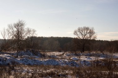 İlkbaharda kırsalda bir kar tarlası olan manzara