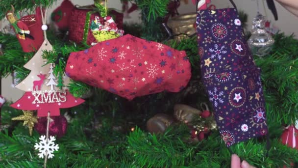Різдвяні Маски Ковад Висять Прикраса Зеленому Дереві Вогнями Жіноча Рука — стокове відео
