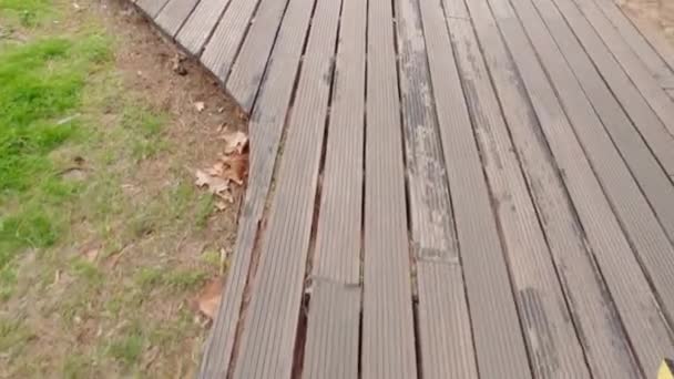 Pov Spacery Drewnianych Zewnątrz Miasta Przyjemności Molo Dzień Wysoki Kąt — Wideo stockowe