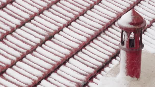 Neve Che Cade Sul Tetto Argilla Ceramica Casa Con Camino — Video Stock