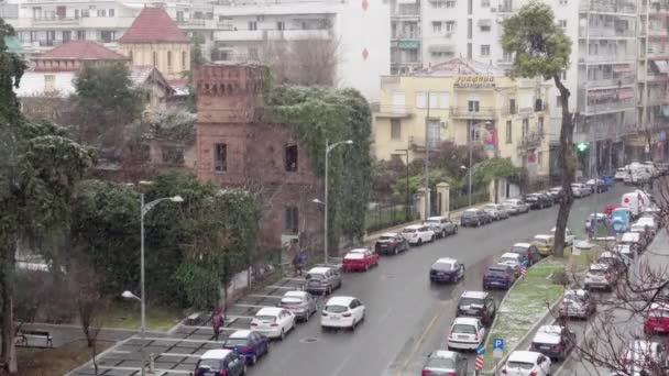 Saloniki Grecja Opady Śniegu Centrum Miasta Śnieg Pada Głównej Ulicy — Wideo stockowe