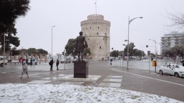Thesszaloniki Görögország Medea Front Találatok Nagy Hóesés Város Központjában Tömeg — Stock videók