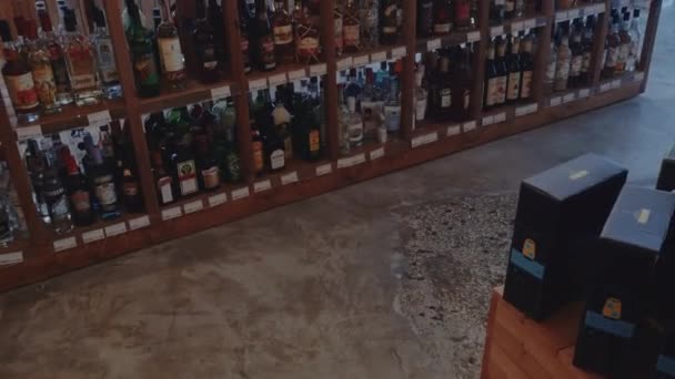 Супермаркет Витриной Винного Магазина Хранить Интерьер Предварительно Упакованными Бутылками Алкогольных — стоковое видео