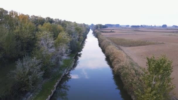 Luchtfoto Van Een Irrigatieveld Kanaal Gebouwd Water Transporteren Dag Drone — Stockvideo