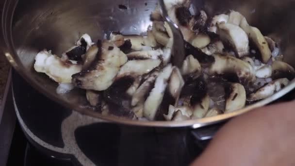 Portobello Molho Macarrão Estilo Italiano Preparação Receita Caseira Vista Superior — Vídeo de Stock