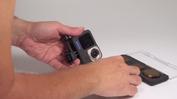 Gopro Hero Nero Con Logo Blu Macchina Fotografica Azione Del — Video Stock