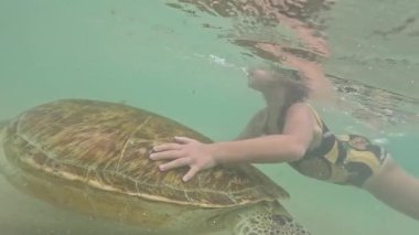 Küçük bir kız deniz kaplumbağasına biniyor. Yüksek kaliteli FullHD görüntüler