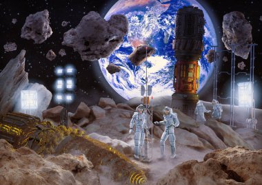 Nadir bulunan hammaddeler için uzayda asteroit madenciliği kavramı, 3D görüntüleme.