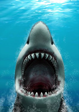 Büyük Beyaz Köpekbalığı (Carcharodon carcharias) ağzı açık ve büyük dişleriyle saldırıyor, hızla yüzeye yükseliyor, 3D
