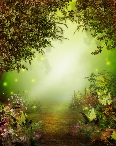 神奇的魔法森林打开了一条通向天国之光的道路 3D渲染 — 图库照片