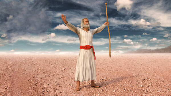 Moses raising his arms and prays to God during the Exodus of Jews from Egypt, 3d render.