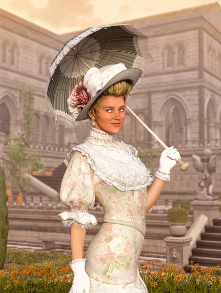 晴れた日に中庭を歩くエレガントなジェーンオースティンスタイルの女性 リージェンシードレス 3Dレンデ — ストック写真