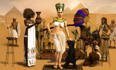 Geleneksel kostümlü hizmetkarlarla birlikte Mısır Kraliyet Firavunu Kleopatra, 3D.