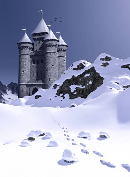 Footprints Leading Enchanting Fairy Tale Princess Castle Snowy Mountains Render — Stock Photo, Image
