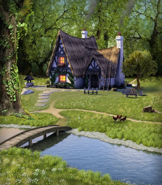 Fantasia Idilliaca Cottage Fiabesco Nascosto Una Foresta Profonda Rendering — Foto Stock