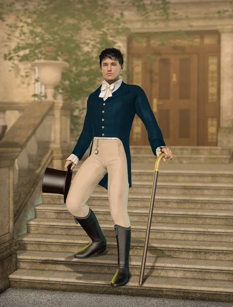 Elegant Ung Gentleman Dandy Klädd Regency Mode Hålla Hatt Och — Stockfoto