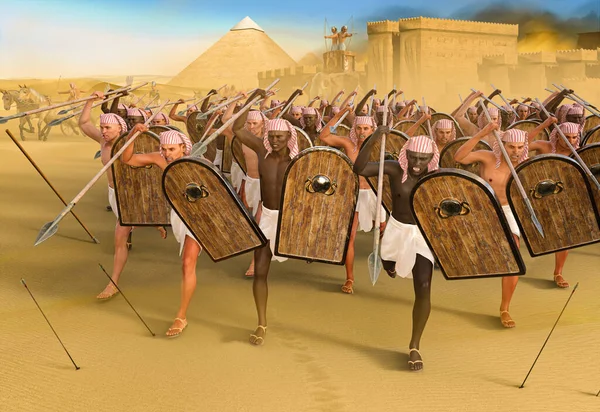 Ancient Pharaoh Spear Thrower Soldiers Breakout Attack City Pyramids Background — Stock Photo, Image