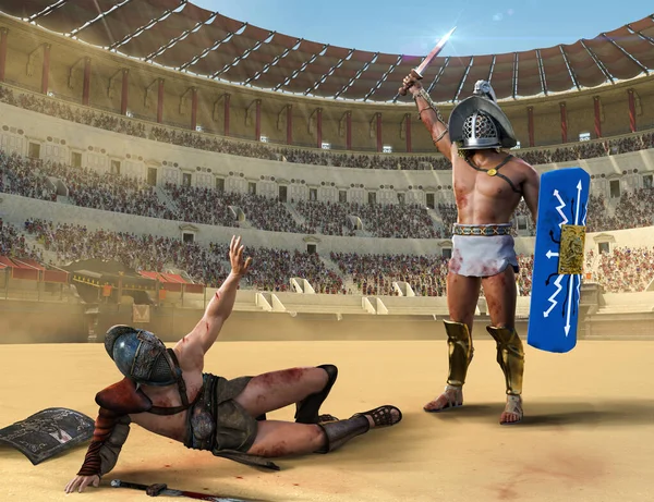 Lucha Gladiadores Antiguo Coliseo Romano Gladiador Suelo Suplicando Misericordia Otro — Foto de Stock