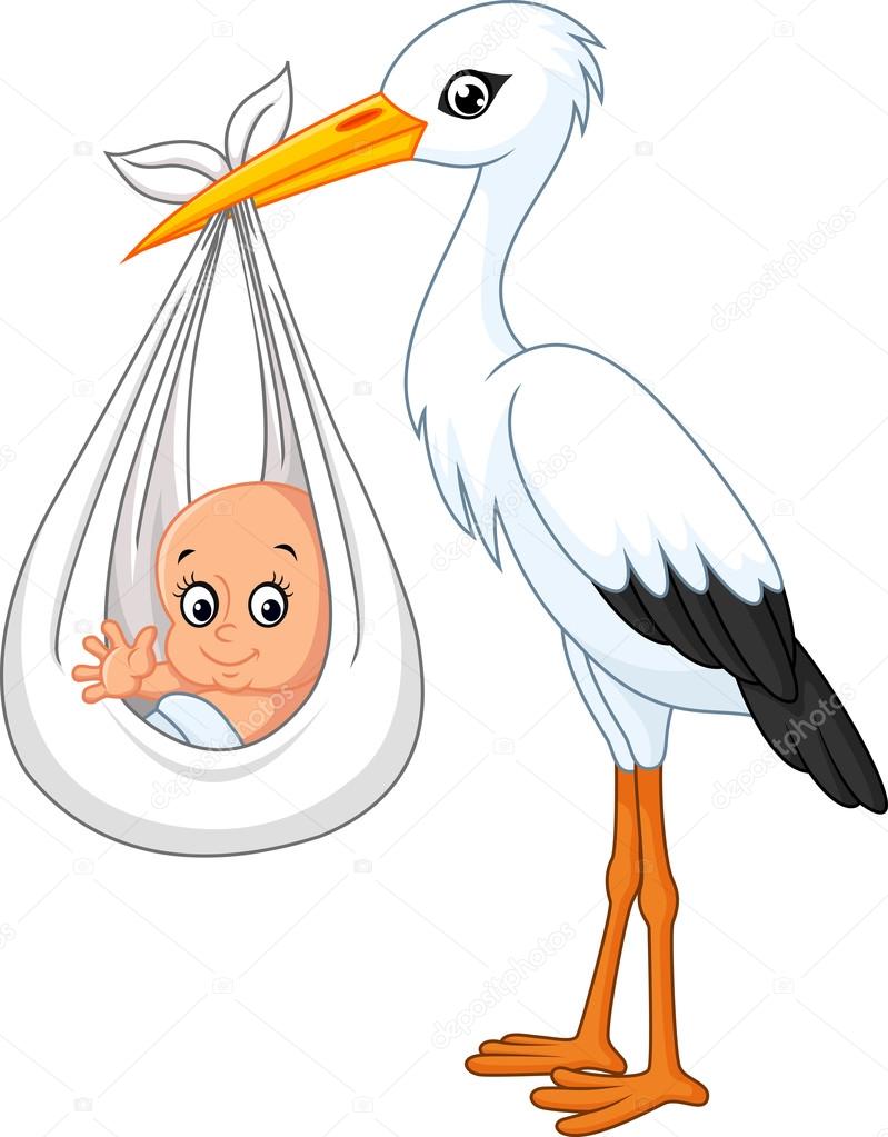 Cartoon stork carrying baby