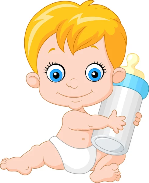 Bebé niño sosteniendo botella de leche — Vector de stock