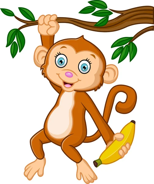 Dibujos animados mono feliz colgando y sosteniendo plátano — Archivo Imágenes Vectoriales