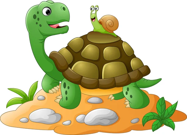 Escargot de jardin drôle prenant un ascenseur sur le dos d'une tortue — Image vectorielle
