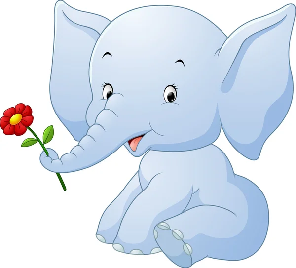 Elefante de dibujos animados sosteniendo flor — Vector de stock