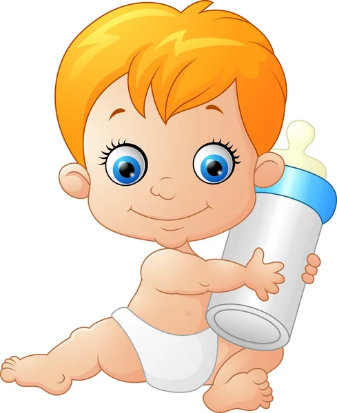 Bebé niño sosteniendo botella de leche — Vector de stock