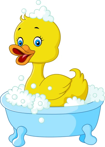 Dibujos animados pequeño pato de goma amarilla flotando en una bañera — Vector de stock