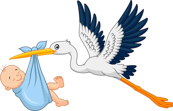 赤ん坊を運ぶ漫画のコウノトリ — ストックベクタ