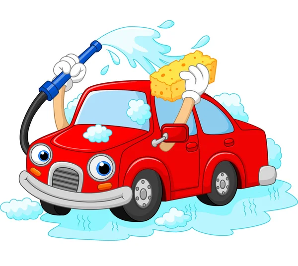 Grappige cartoon-auto wassen met water pijp en spons — Stockvector