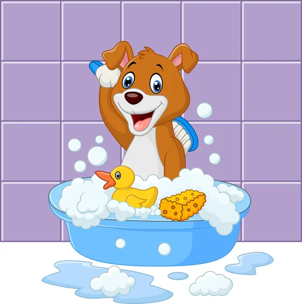 Lindo perro de dibujos animados teniendo baño — Vector de stock