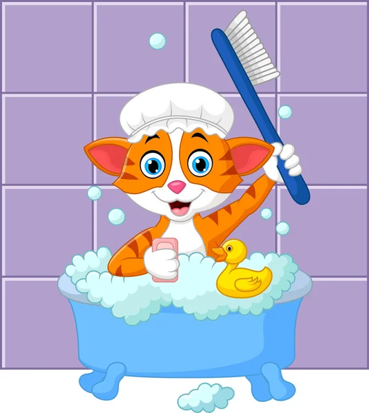 Dibujos animados divertido gato tiempo de baño — Vector de stock
