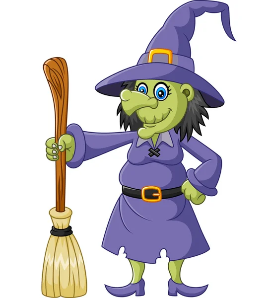 The ugly witch holding flying broom — Stock Vector