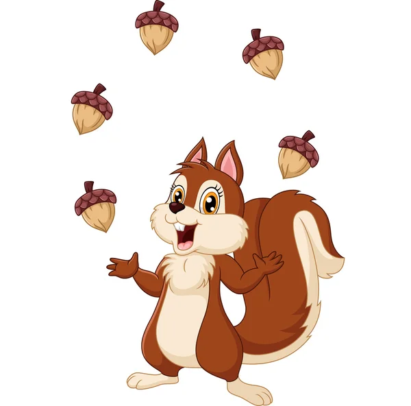 Cartoon funny squirrel juggling acorn — Stock Vector