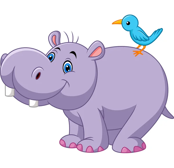 Cartoon funny hippo with bird — Stock Vector