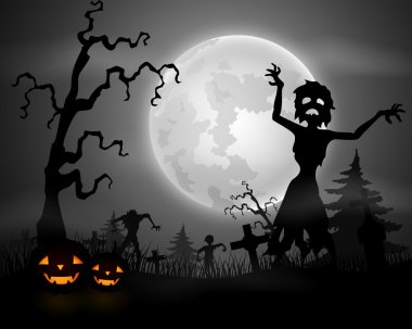 Cadılar Bayramı arka plan ile zombi Mezarlıkta yürümek